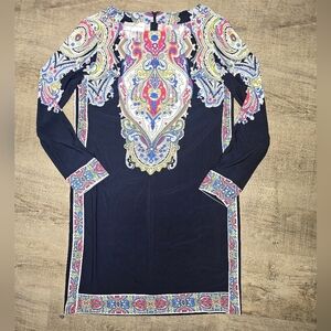 Donna Morgan Paisley Shift Dress Womens 10 Long Sleeve Navy Pink Stretch Career